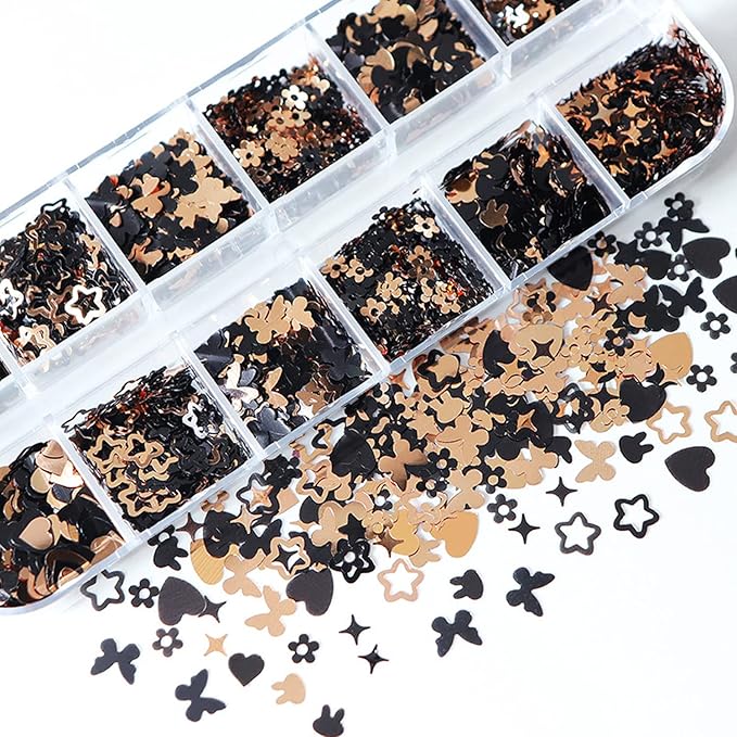 Nail Art Glitter Flakes, Mixed 2 Colors Black Gold Glitter Nail Sequins Designs, Heart Butterfly Stars Rabbit Nail Supplies for Women Manicure Charms Decorations, DIY Sparkly False Nails Crafts