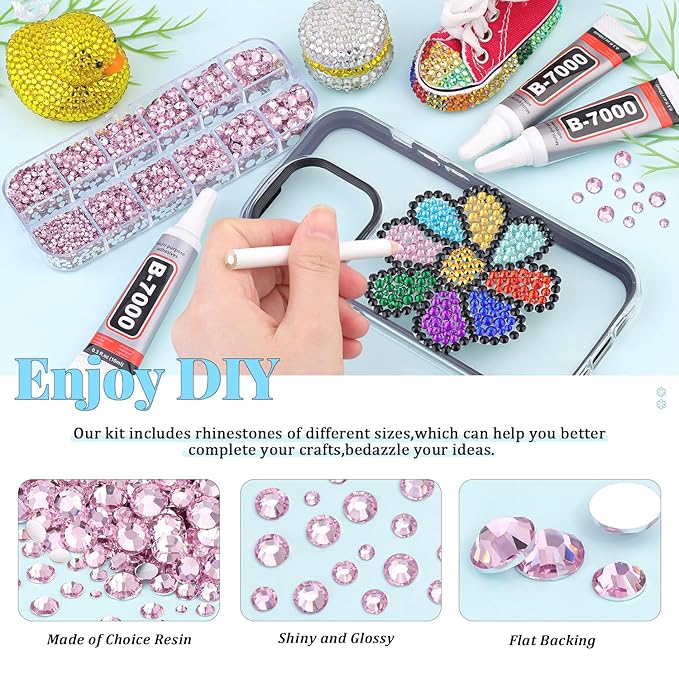 6000Pcs Resin Rhinestones for Bedazzling with 3Pcs B7000 Jewelry Glue, 1 Box Light Pink Flatback Rhinestones for Crafting Crafts DIY, Crystals Gems for Clothing Shoes Tumblers Nail Art Makeup