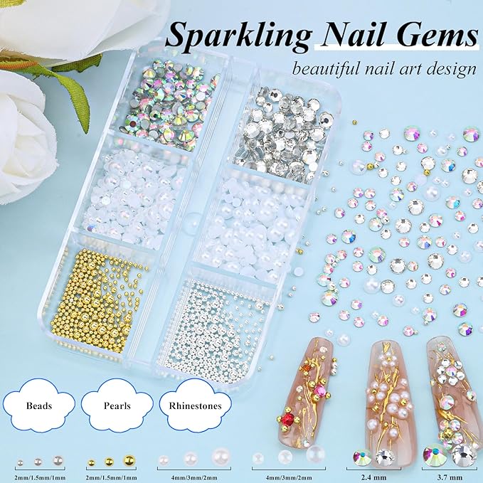 4 Boxes 3D Flower Nail Charms and Gems - Colorful Nail Flower Charms Crystal AB Clear Gemstones Silver/Gold Caviar Beads White/AB Pearls for Women DIY Manicure Crafts (22-S4-Colorful2)