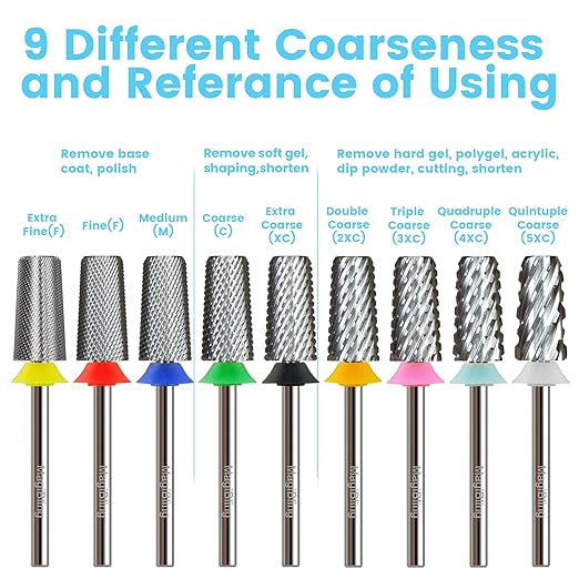Professional Nail Drill Bits, Tungsten Carbide Cross Cut Tapered Barrel 3/32'' Safety Bits, Left and Right Hand Use, Remove Gel Fast, Manicure Pedicure Cuticle Gel Polishing, Double Coarse.