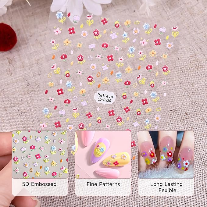 Colorful Flower Nail Stickers for Nail Art, 5D Embossed Nails Art Stickers Decals Self Adhesive Floral Nail Sticker for Women Spring Nails Sticker Decoration