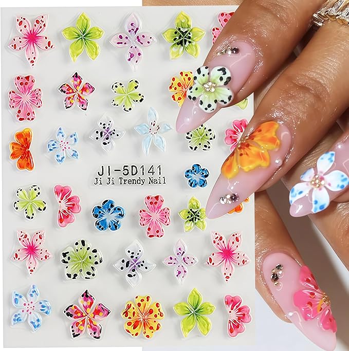 Flower Nail Stickers for Nail Art Hawaiian Flowers Nail Decals 5D Self-Adhesive Embossed Floral Summer Nails Art Design Sticker Beach DIY Acrylic Salon Manicure Decoration Kit for Women