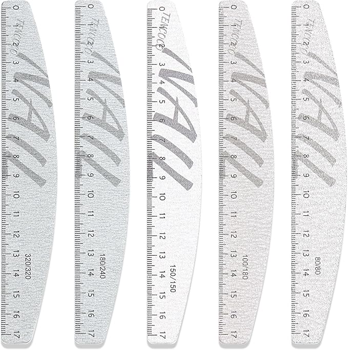 5Pcs 80/100/150/180/240/320 Grit Nail Files and Buffers with Measuring Scale Double Sided Emery Boards Washable Reusable Fingernail Coarse Files Professional Manicure Tools