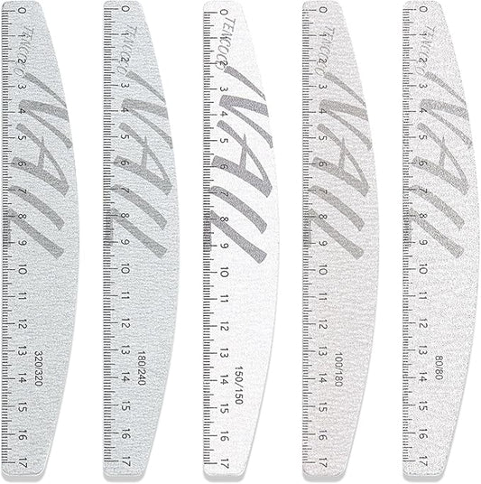 5Pcs 80/100/150/180/240/320 Grit Nail Files and Buffers with Measuring Scale Double Sided Emery Boards Washable Reusable Fingernail Coarse Files Professional Manicure Tools
