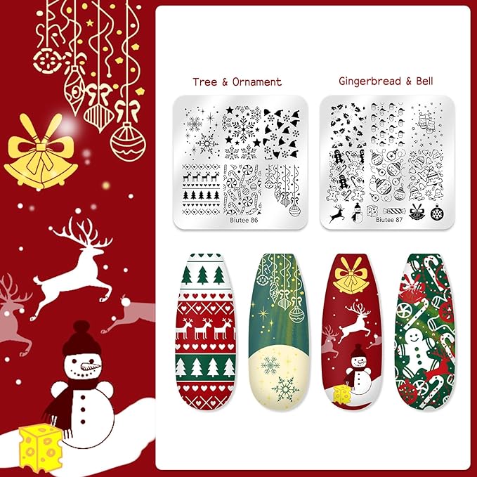 Biutee Nail Stamping Kit 12Pcs Nail Art Stamp Plates 8 Colors Stamping Polish Gel Silicone Stamper Scraper with Storage Bag, Nail Stamping Plate Lace Star Rose Plaid Template Halloween Design Gift