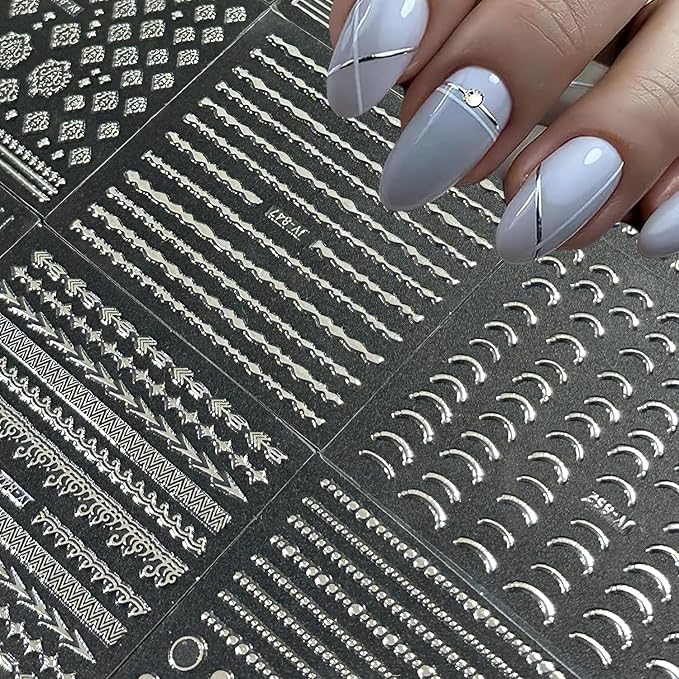 30 Sheets Silver Nail Art Stickers 3D Self Adhesive Sliver Line Nail Decals Silver Nail Sticker for Nail Art Silver Heart Star Nail Art Supplies Silver Nail Design for Acrylic Nails for Women Girls