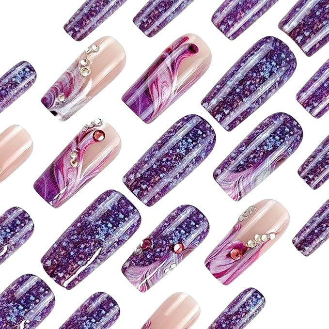 Purple French Manicure Press-On Medium Coffin False Nails Powder Purple Gradient with Rhinestone Design Glitter Shiny Full Cover Glue Nails for Women Girls Nail Art Set 24pcs