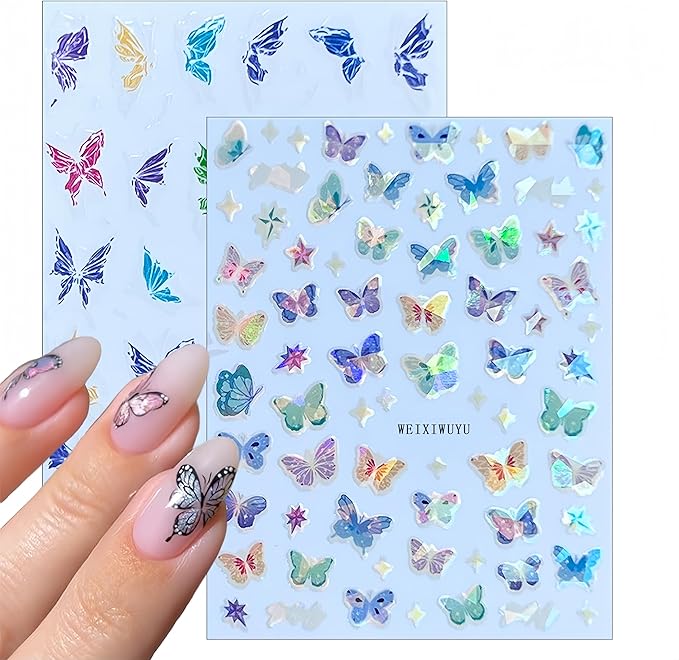 6Sheets Butterfly Nail Art Stickers Aurora Shell Butterfly Nail Decals Self Adhesive Butterflies Nails Design Stickers Glitter Butterflies Gradient Nail Supplies for Women Acrylic Nail Decoration