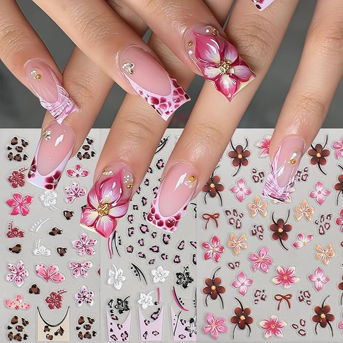 6 Pcs Fall Winter Flower Nail Art Stickers Decals Leopard Print French Flowers Nail Decals 5D Embossed Golden Circle Hibiscus Nails Designs Vacation Fall Brown Leopard Flower Nail Supplies for Women
