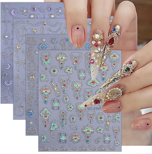 4 Sheets Embossed Nail Decals for Nail Art 5D Gems Designs Nail Art Stickers Purple Moon Star Nail Stickers Self-Adhesive Gold Chain Butterfly Nails Decal for Women DIY Manicure Decors
