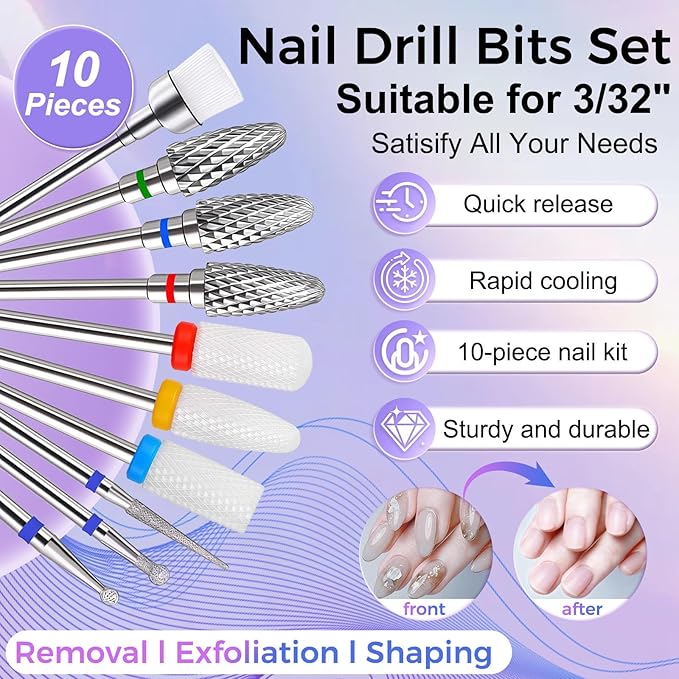 Fantexy 10Pieces Ceramic Nail Drill Bits, 3/32 Inch Professional Acrylic Nail Bit Set,Nail File Bits Nail Art Tools For Electric Manicure Machine Home Salon Use