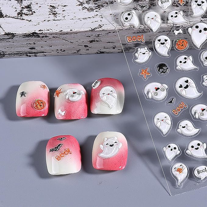 1 Sheets 5d Embossed Ghost Nail Decals for Nail Art Self-Adhesive Scary Halloween Nail Stickers Cute Pumpkin Nail Art Stickers Horror Bat Skull Nail Design Decals for Women Holiday Nails Decorations