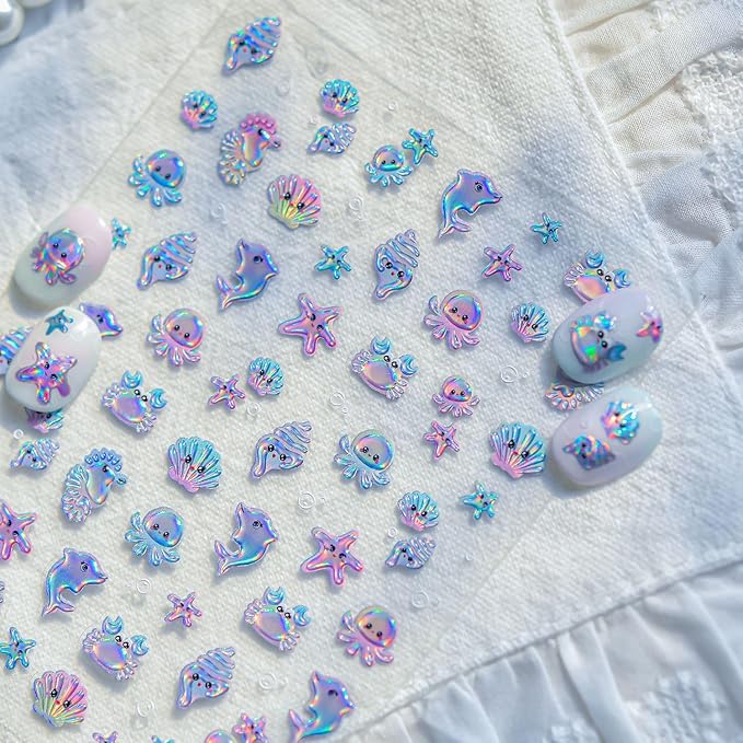 Summer Nail Art Stickers 5D Jelly Embossed Conch Shell Nail Decals Cute Jellyfish Crab Dolphin Starfish Nail Stickers Blue Ocean Animal Nail Supplies for Women Manicure Decoration 1 Sheets