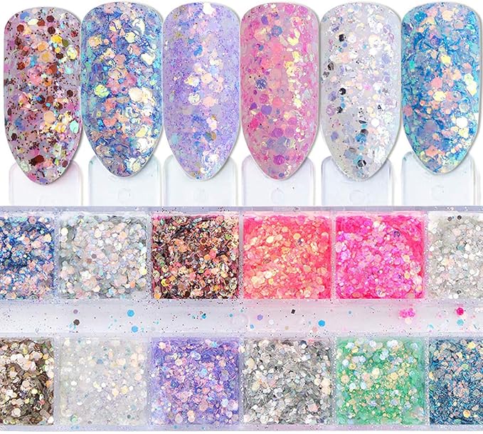 Holographic Nail Sequin Accessories - 3D Glitter Flakes Nail Supplies Acrylic Powder for Shiny Manicure Designs - Colors (12)