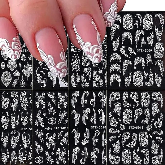 Flower Nail Art Stickers Decals, 8 Sheets 5D Engraved Flower Nail Decals White Wedding Nail Art Accessories French Tips Nail Designs Self Adhesive Lace Flower Carving Nail Stickers for Women Girls