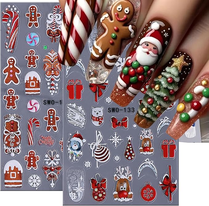 2Pcs Christmas Nail Stickers Snowflake Decals for Nail Art Red Bow Nail Design 5D Embossed Christmas Gift Nails Art Supplies Fawn Pine Tree Nails Accessories for Women DIY Manicure Art Decoration