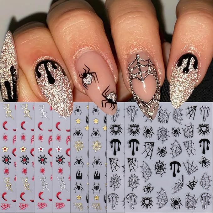 8 Sheets Halloween Nail Art Stickers 3D Self-Adhesive Halloween Nail Decals Golden Silver Black Red Horror Web Face Nail Art Supplies Glitter Spider Web Nail for Women Girls DIY Manicure Decoration
