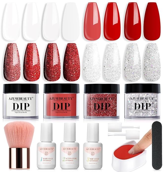 AZUREBEAUTY Dip Powder Nail Starter Kit Berry Red Milky White Silver Glitter, 4 Colors Dipping Powder Set, French Nail Art Base Top Coat Activator Essential Liquid Manicure No Lamp Needed Salon
