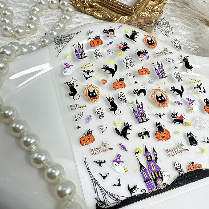 1 Sheets Embossed Halloween Nail Stickers for Nail Art Cute Pumpkin Black Cat Nail Decals Self-Adhesive Horror Ghost Skeleton Nail Art Stickers 5D Spider Web Nail Design Decals for Women