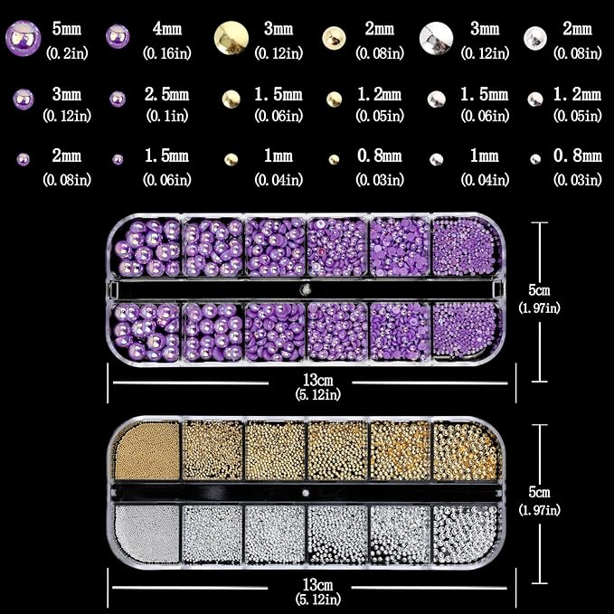 Nail Art Pearls with Rhinestones Glue Gel Flatback Pearls Nail Charms Luxurious Nails Supplies Accessories Gold Silver Gems Jewelry Pearl for Women Nails Design(Purple)