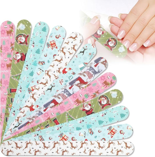 12Pcs Nail Files, Colorful Random Pattern Emery Boards for Nails, Christmas Double Sided Reusable Manicure Pedicure Tools, Fingernail Files for Women Girls Natural & Acrylic Nails