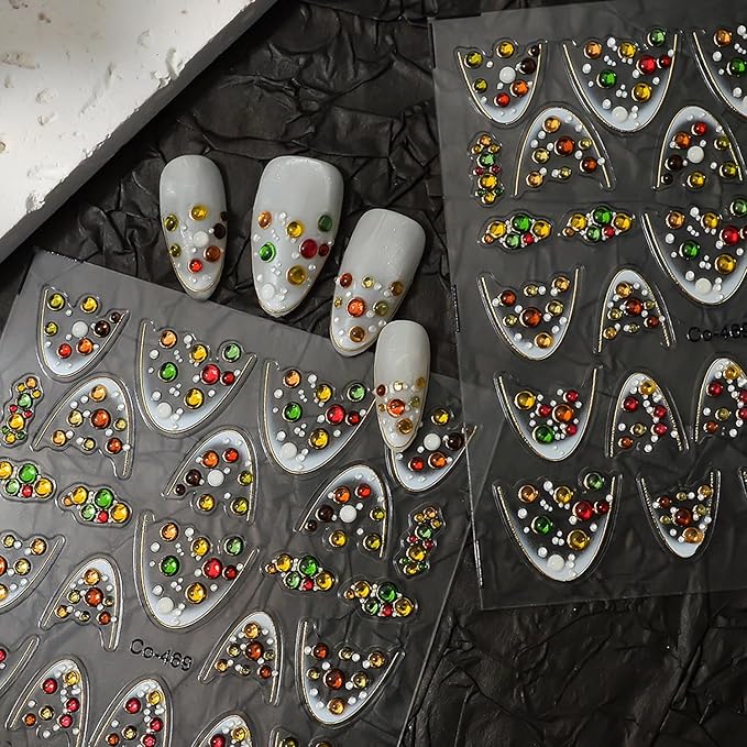 French Tip Nail Stickers for Nail Art Yellow Green Red Gems Design 5D Nails Decals Self Adhesive Colorful Rhinestone French Nails Art Stickers for Women Luxury Manicure Decoration Accessories 1pcs