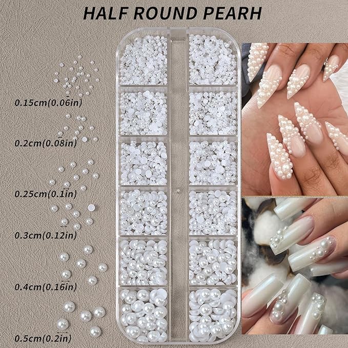 12Grids Pearls Nail Charms Nail Art Rhinestones for Acrylic Nails 3D Multi Sizes Half Round Pearl Nail Charms White Flat Back Design Nail Jewelry for Women DIY Nail Art Crafts Decoration Supplies