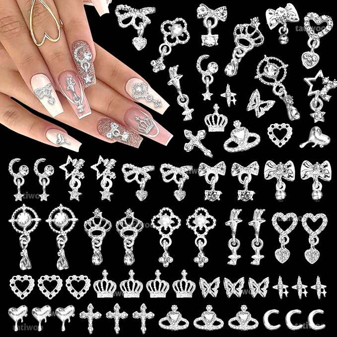 100 Pcs Silver Nail Charms and Gems, Silver Dangle Star Bows Nail Gems Charms, Metal Crown Heart Butterfly Charms for Acrylic Nail Art Alloy Cross Nail Charms for Women DIY Accessories