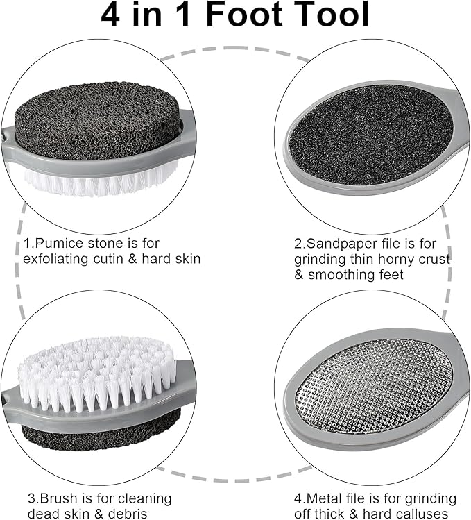Pumice Stone Brush for Feet 4 in 1, Foot File Callus Remover, Foot Rasp and Sand Paper Pedicure Tools with Handle, Shower Foot Scrubber, Soft Smooth Feet for Home Foot Care,4 Pack