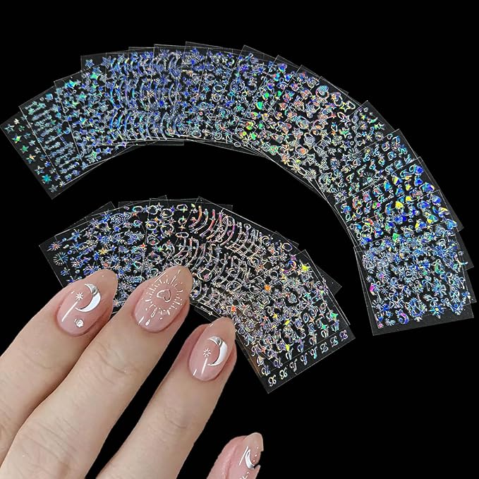 30 Sheets Star Nail Stickers Moon Nail Art Stickers 3D Embossed Self Adhesive Nail Decals Holographic Nails Design Aurora Line Bow Heart Nail Art Decals for Women Manicure DIY Decoration