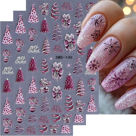 5D Embossed Christmas Nail Stickers for Nail Art - Pink Purple Nail Art Stickers Christmas Tree Bow Light Ball Nail Decals Snowflake Nail Supplies for Women DIY Christmas Decorations 3 Sheets