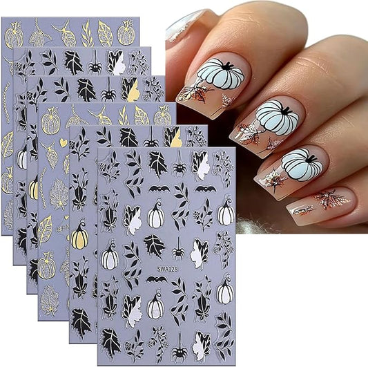 6 Sheets Halloween Nail Art Stickers 3D Self -Adhesive Pumpkin and Leaves Nail Decals Holographic Spider Bat Nail Stickers Halloween Nail Decoration for Women Manicure Supplies