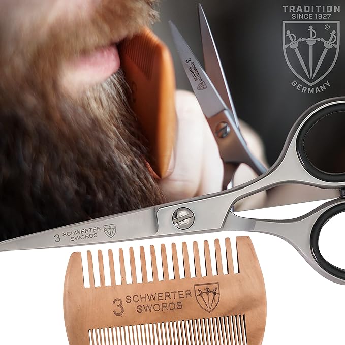 3 Swords Germany – professional BEARD MUSTACHE HAIR SCISSORS with BEARD COMB, stainless steel, straight blade, sharp, with black case