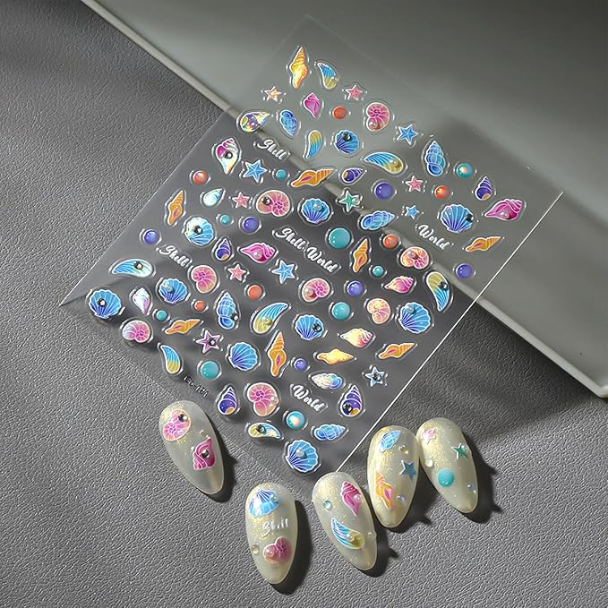 Summer Nail Stickers Shell Starfish Nail Art Stickers 5D Embossed Nail Decals Blue Ocean Theme with Pearl Design Cute Nails Supplies for Women