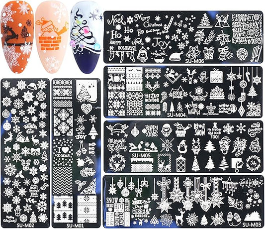 Christmas Nail Art Stamping Plate Kit,Snowflake Snowman Christmas Tree Elk Designs Nail Image Stamp Template Xmas DIY Stainless Steel Nail Image Polish Template Kit 6Pcs