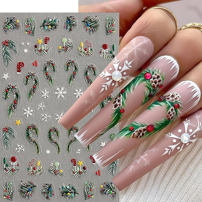 4 Sheets Christmas Nail Art Stickers Christmas Holly Nail Decals Relief Holly Leaf Christmas Tree Elk Nail Supplies White Snowflake Nail Design for Women New Year Xmas Holiday Nail Decor Accessories