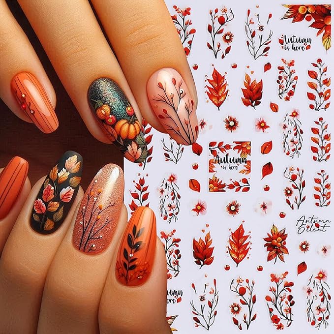 Fall Maple Leaf Nail Art Stickers Autumn Leaves Mushroom Deer Design Self-Adhesive Nail Sticker Fox Pumpkin Wheat Ears Nail Decals for Nails Women Girls Thanksgiving Day DIY Manicure Decor 6 Sheets