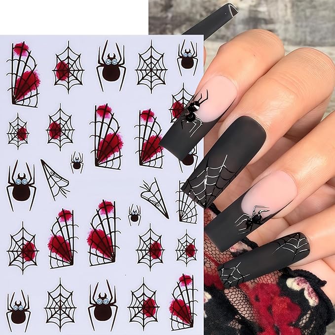 6 Sheets Halloween Nail Stickers 3D Self-Adhesive Scary Eyes Spider Ghost Nail Art Stickers Holiday Nail Decals Bloody Spiderweb Black Ghost Bats Nail Supplies for Women DIY Holiday Nail Decoration