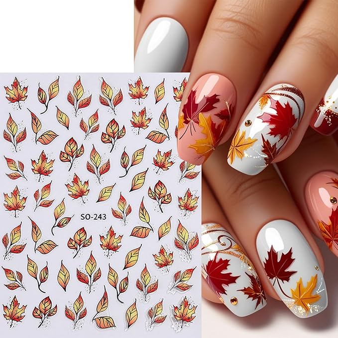 Fall Nail Stickers Laser Maple Leaf Nail Decals 6PCS Self Adhesive Pegatinas para Uñas Autumn Brown Yellow Leaves Design Nail Art Supplies DIY Manicure Supplies for Women Nail Decorations Charms