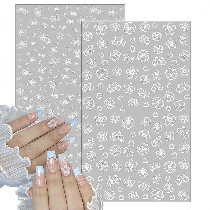 6Sheets Summer Flower Nail Art Stickers Black White Flower Nail Decals 3D Self Adhesive Nail Decals White Floral Cherry Blossoms Floret Nail Design for Women DIY Nail Decoration Accessories Craft