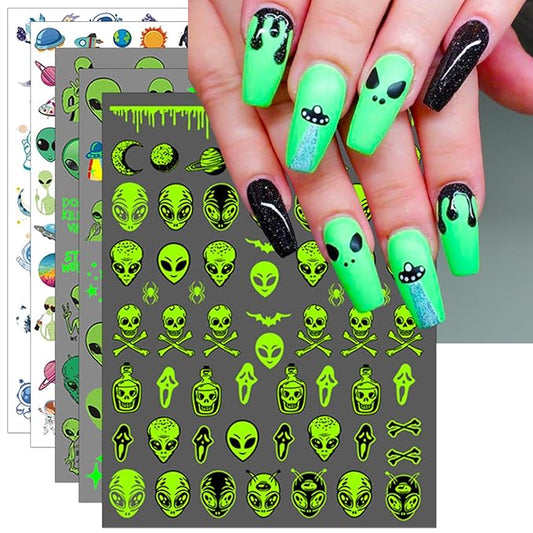 Alien Nail Art Stickers - Glow in The Dark ET UFO Astronaut Rocket Design Self-Adhesive Nail Decals for DIY Extraterrestrial Space Moon Star Manicure (6 Sheets)