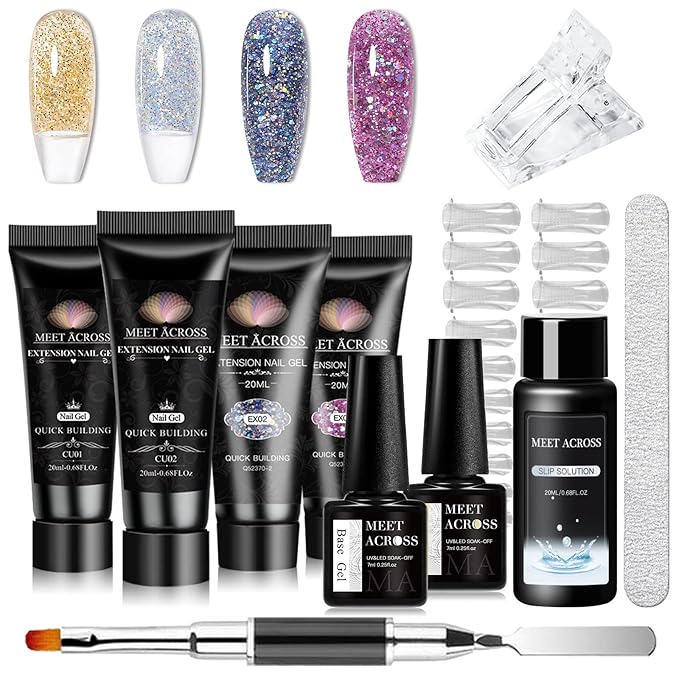 MEET ACROSS Poly Nail Gel 10Pcs Nail Extension Gel Set and Nail Extension Starter Kit for Beginners Nail Art DIY Home Gifts for Women (Glitter-2, 12pcs)