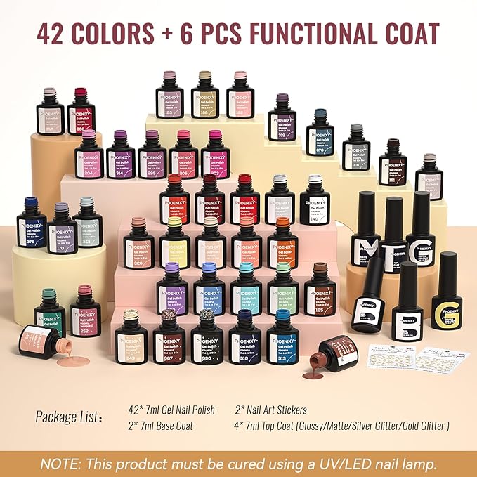 phoenixy 50 Pcs Gel Nail Polish Set, 42 Colors Nail Polish with 2 Base Coat & 4 Effects Top Coat Red Brown Colors Gel Polish Kit Nail Starter Set Gifts for Women Girls