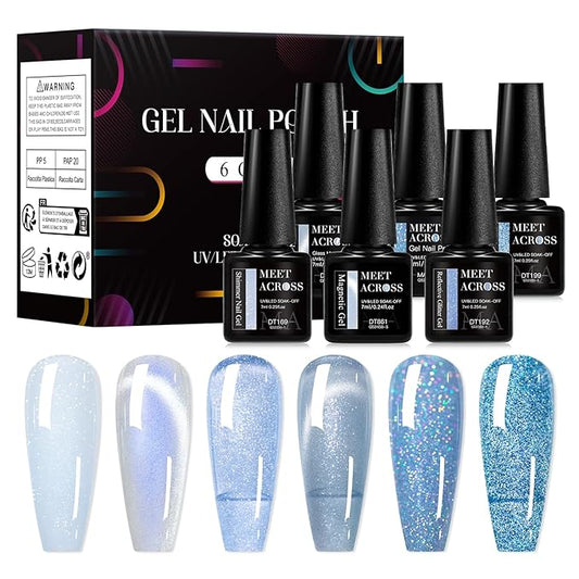 MEET ACROSS Gel Nail Polish Set 6 Pcs Glitter Colors Gel Nail Kit Art Design Soak Off UV LED (SET-9, 6pcs)