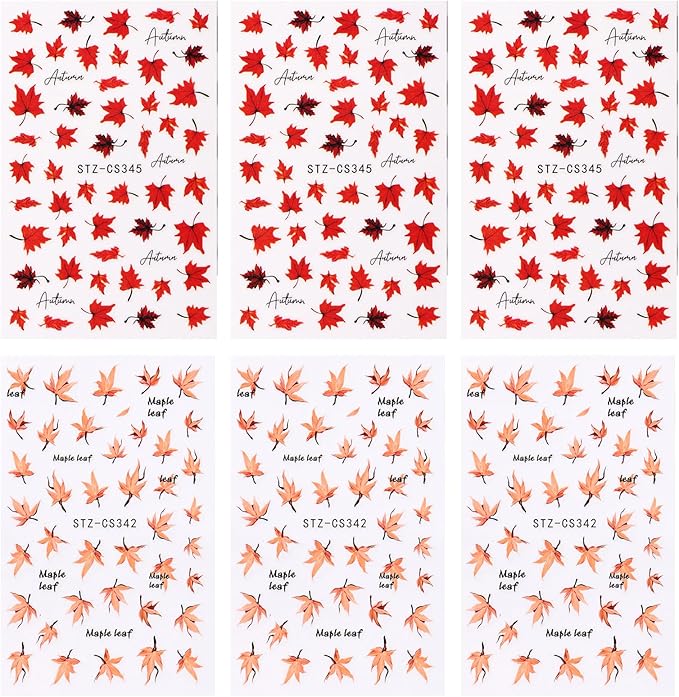 Maple Leaves Nail Stickers 6PCS Fall Maple Leaf Nail Decals 3D Self-Adhesive Red Orange Leaves Nails Design Nail Supplies Fall Stickers for Nails Thanksgiving Day Nail Decals for Women DIY Manicure