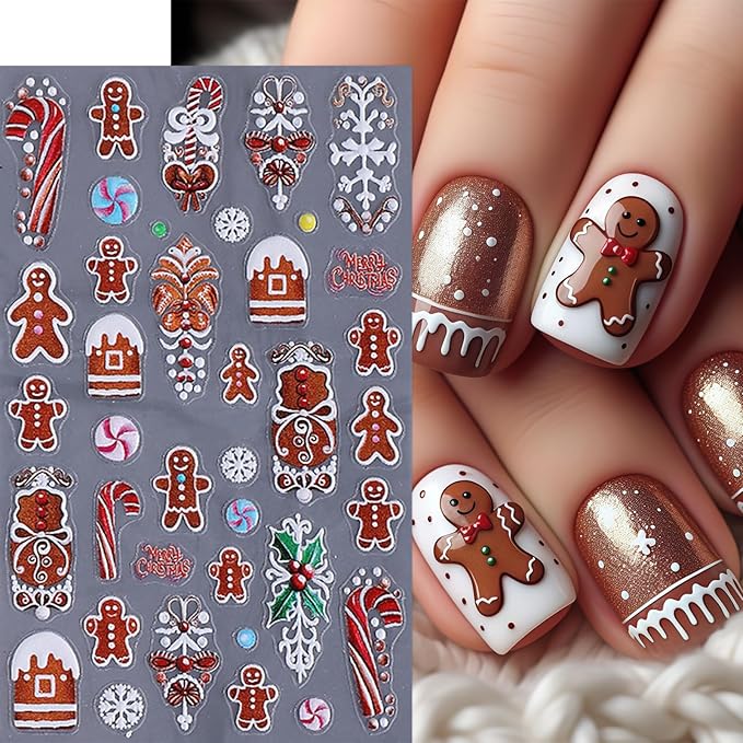 4 Sheets Christmas Nail Art Stickers 5D Micro Relief Gingerbread Man Nail Decals Santa Claus Snowman Snowflake Xmas Tree Nail Design Xmas Light Bow Nail Decor Winter Holiday Manicure DIY Nail Supplies