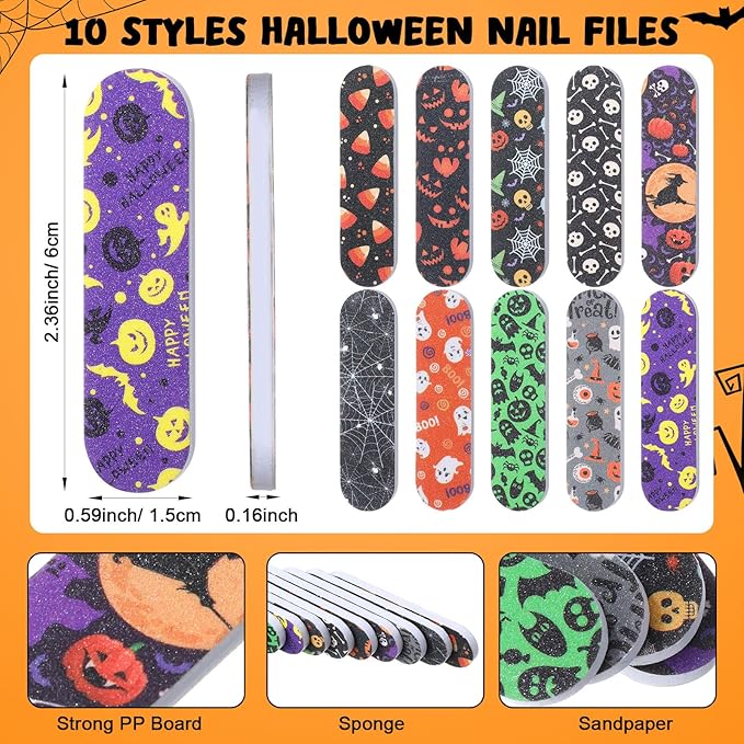 Lasnten 200 Pcs Halloween Gifts Bulk Mini Nail Files for Women Bat Spider Skull Double Sided Emery Board Nail File for Natural Nails Pumpkin Manicure Tools for Halloween Party Favor