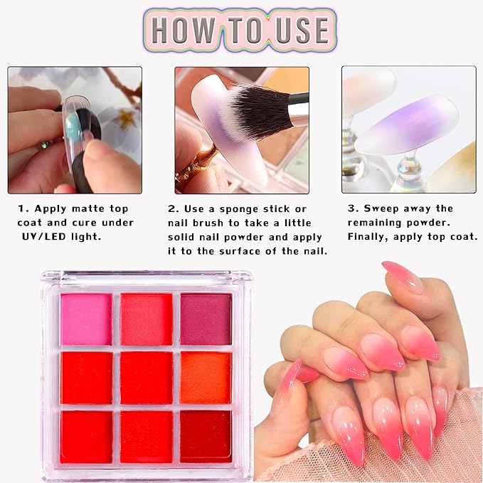 Nail Pigment Palette - Gradient Red Ombre Color Nails Powder - Fine Solid Neon Nail Art Pigment for DIY Design Manicure Beginners - Includes 5 Sponge Sticks, 1 Brush