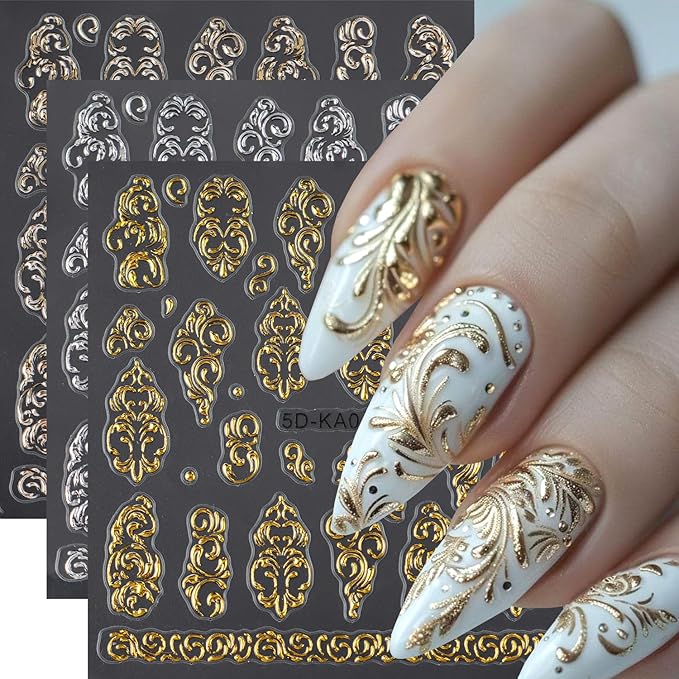 3Sheets Flower Pattern Nail Art Stickers 5D Embossed Gold Silver Flowers Vine Designs Nail Decals Self-Adhesive Rose Gold Floral Texture Nail Sticker Spring Summer Nails Supplies for Women Nails Decor