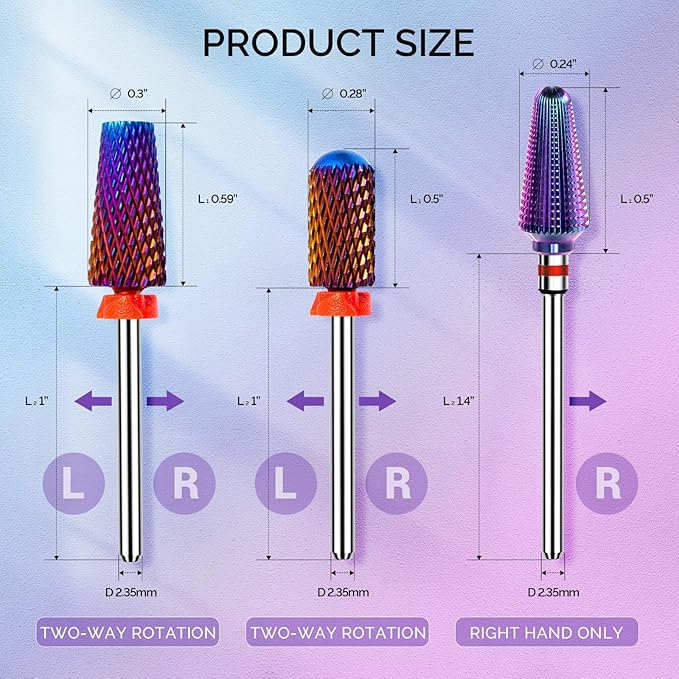 MelodySusie 3Pcs Nail Drill Bits Set, 3/32'' Carbide Tungsten Bits, 5 in 1, Smooth Round Top Large Barrel and Tornado Bits, Suitable for Manicure Pedicure Cuticle Gel Acrylic Remover, Purple